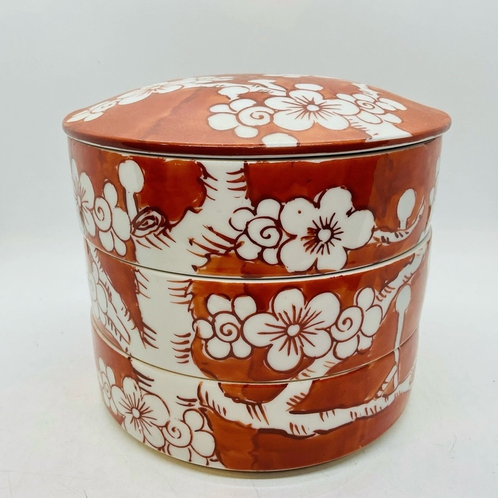 VTG Japanese Stacking Bowls Lid Orange Color & White Blossoms LJ Japan Ceramics
